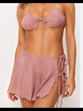 Nasty Gal Bikini Set + Sarong Skirt 3pc Swim Pink Rose Gold Plus Size 20 Shimmer